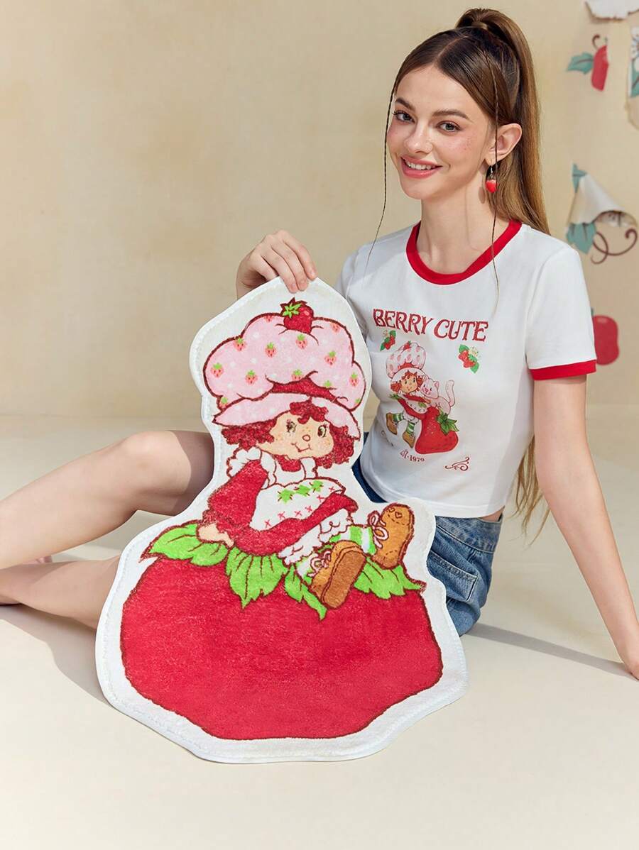 Strawberry Shortcake X SHEIN 1pc Cartoon Character & Strawberry Pattern Shaped Floor Mat
