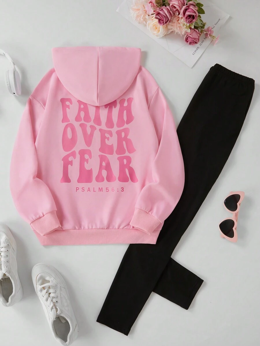 SHEIN 2pcs/Set Tween Girl Casual Graphic Letter Print Loose Long Hoodie & Legging Set