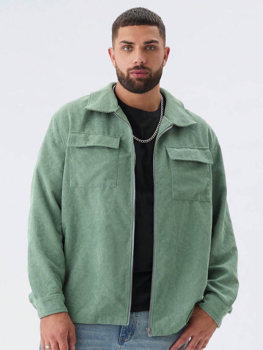 Manfinity NXTstreet Plus Size Men's Casual Printed Bear Pattern Loose Fit Drop Shoulder Turndown Collar Long Sleeve Jacket, Suitable For Spring-Autumn