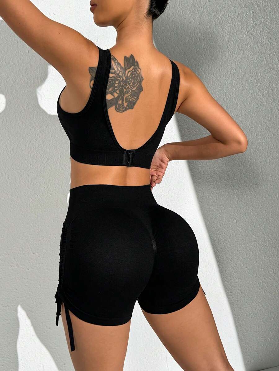 SHEIN Ladies' Solid Color Backless Tank Top And Long Pants Summer Sports Suitwomen Workout Set