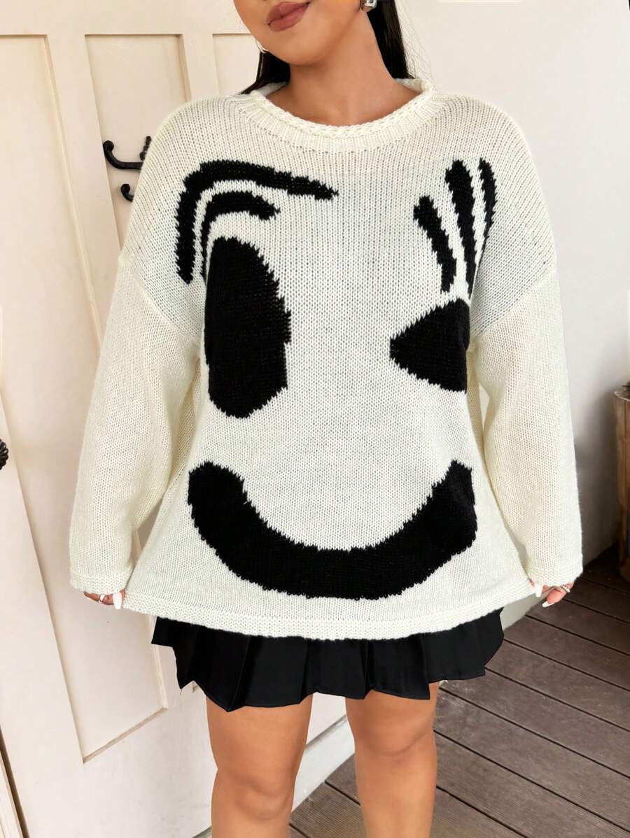 Flirla Plus Size Relaxed Fit Colorblock Smiling Face Knit Sweater