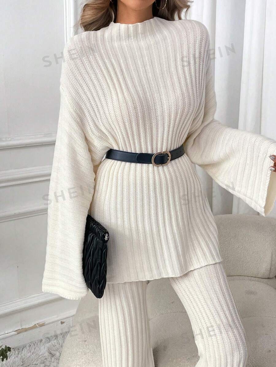 SHEIN LUNE 2 piezas Conjunto de suéter informal con cuello alto a rayas para mujer