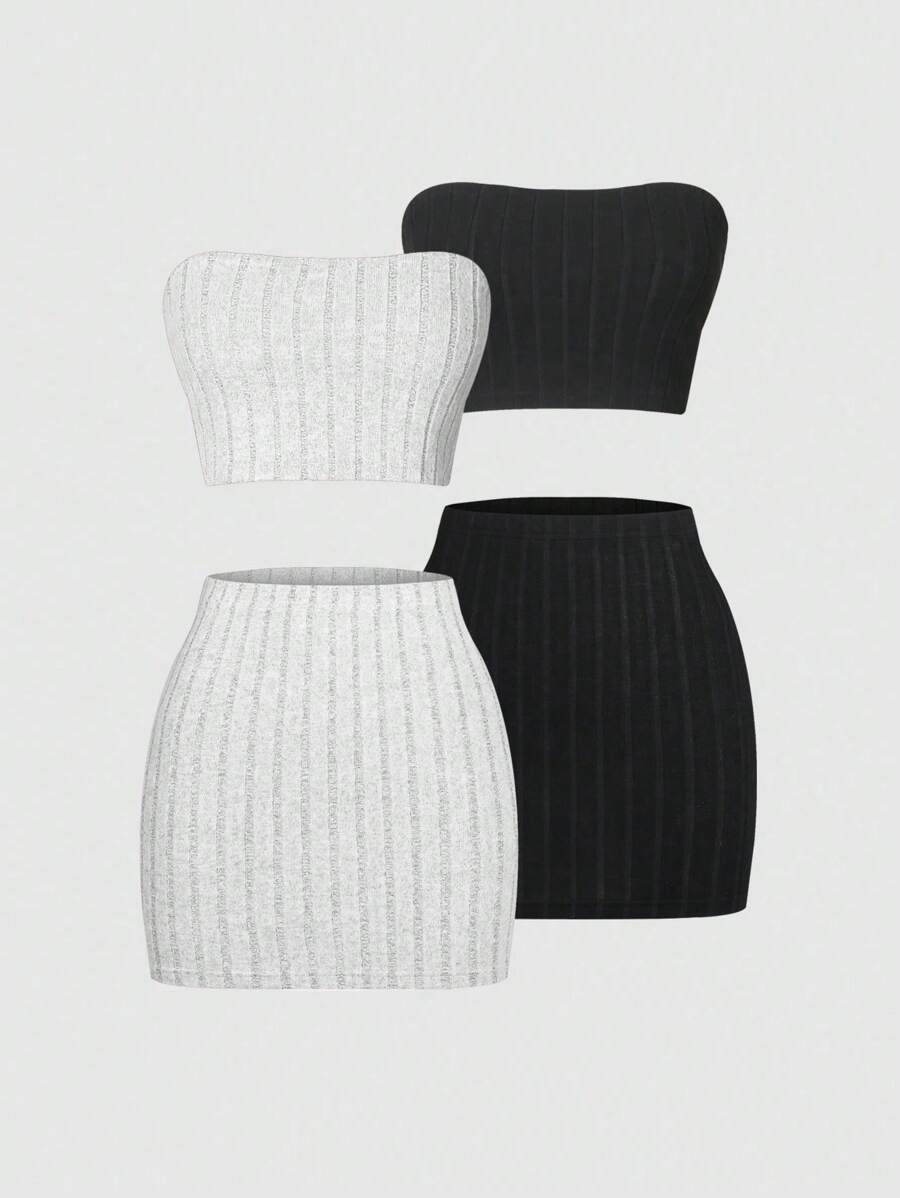 Flirla Conjunto informal de 2 piezas de top de tirantes con textura de unicolor y falda para el verano