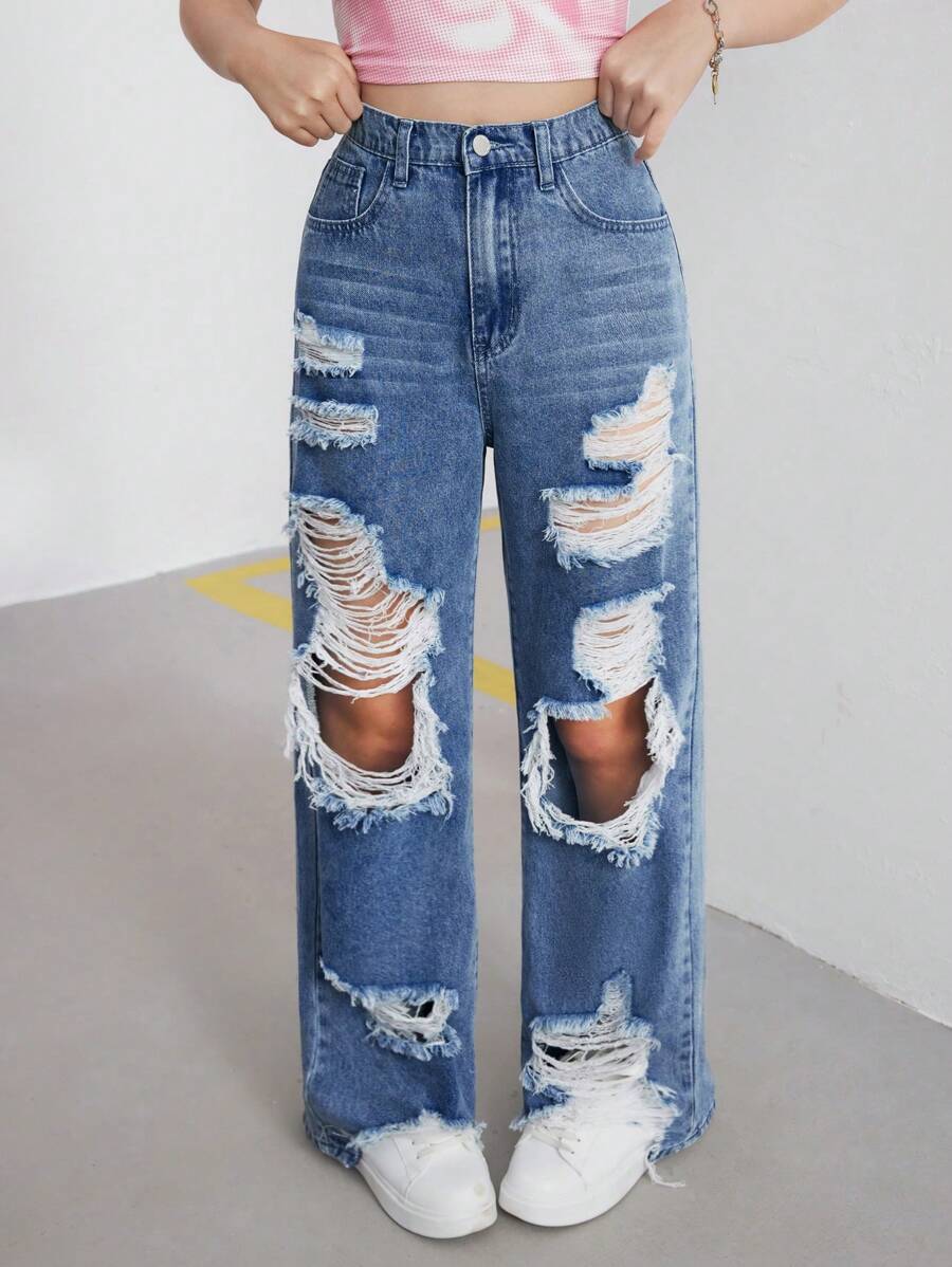 SHEIN Teen Girls Y2K Light-Colored High Waist Straight Wide-Leg Baggy Ripped Denim Jeans Pants With Slanted Pocket,Girls Summer Clothes Outfits