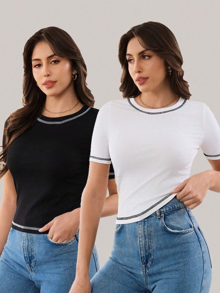 Mulvari 2pcs Contrast Stitch Rib-Knit Slim Fit Tee For Summer