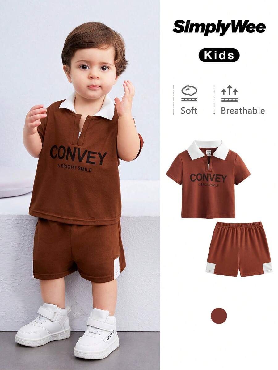 SHEIN Set di polo a maniche corte a righe multicolore con lettere sulla soffice maglia a trama grossa e pantaloncini a vita elastica, adatti per l"estate, per neonati maschi e femmine.