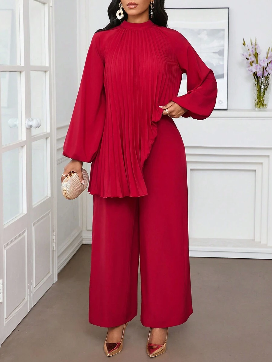 SHEIN Lady Women Loose Comfort Pleated Sleeve Shirt And Wide Leg Pants Set, Red Women Two Pieces Sets Two Pieces Outfits Fall Two Pieces Sets
