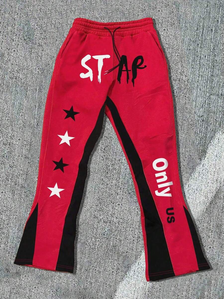 Manfinity Homme Plus Size Men's Letter & Pentagram Print Drawstring Waist Flared Casual Sweatpants