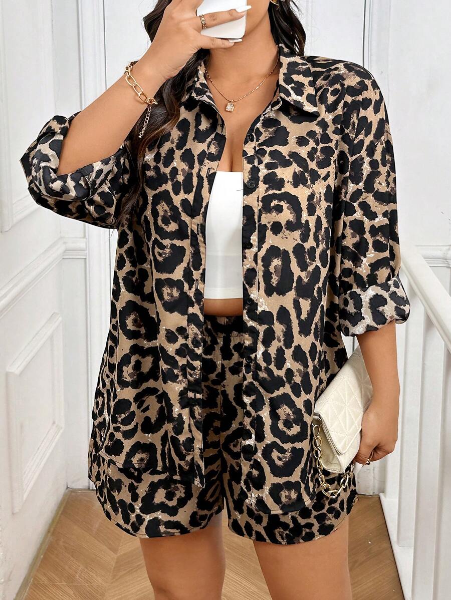 SHEIN Frenchy 2pcs Plus Size Casual Leopard Print Long Sleeve Shirt And Shorts Suit