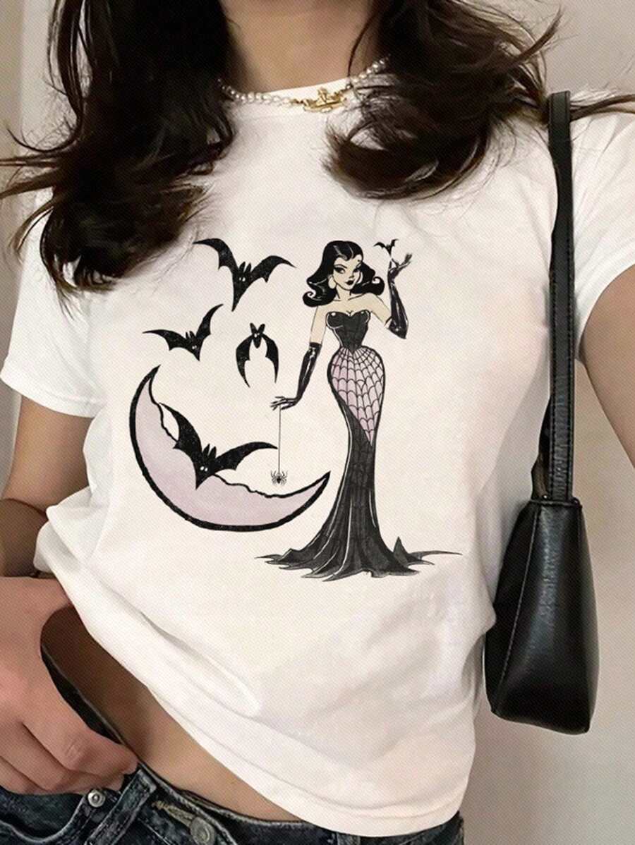 SHEIN EZwear Casual Black & White Witch Print Short Sleeve Slim Fit T-Shirt For Women, Suitable For Halloween/Fall