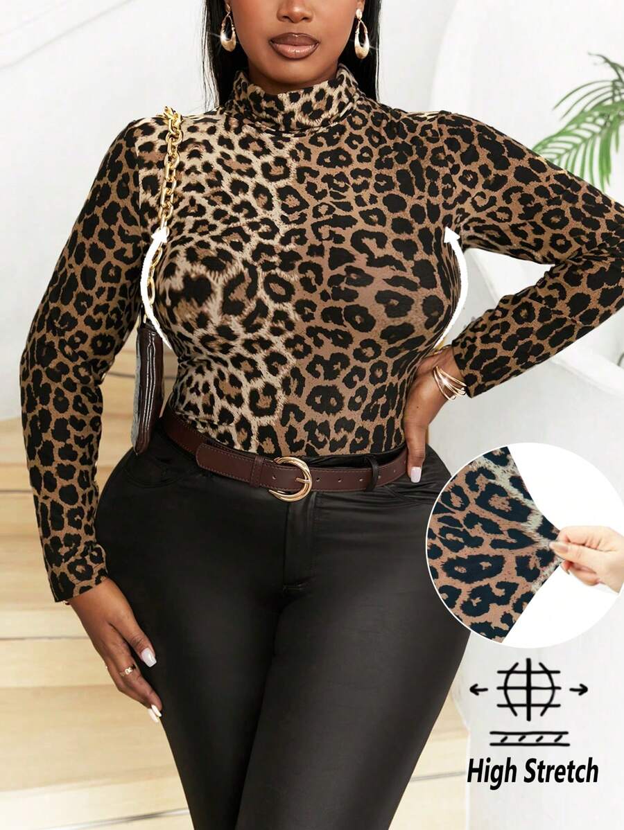 Maweii Leopard Print Plus Size Women's Versatile Turtleneck Long Sleeve Tight Fit Base Layer T-Shirt, Autumn/Winter Graphic Cheetah Print Tees Women Tops For Spring Outfit