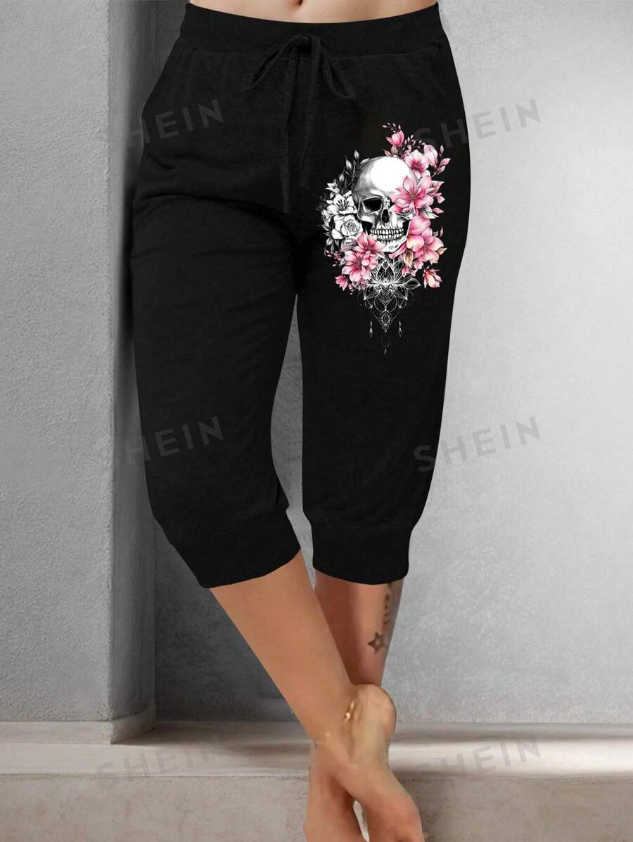 EMERY ROSE Pantalones capri para mujer con estampado de calavera, patrón de henna, loto y floral acuarela con bolsillo y detalle delantero de lazo