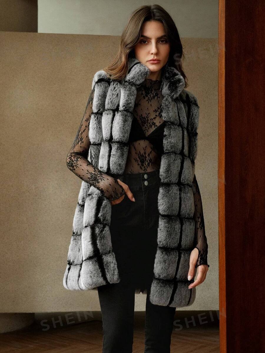 Anewsta Chaqueta larga versátil de mujer con cuello redondo sin mangas de estilo europeo y americano, de piel de conejo sintética esponjosa, para usar en vacaciones y fiestas