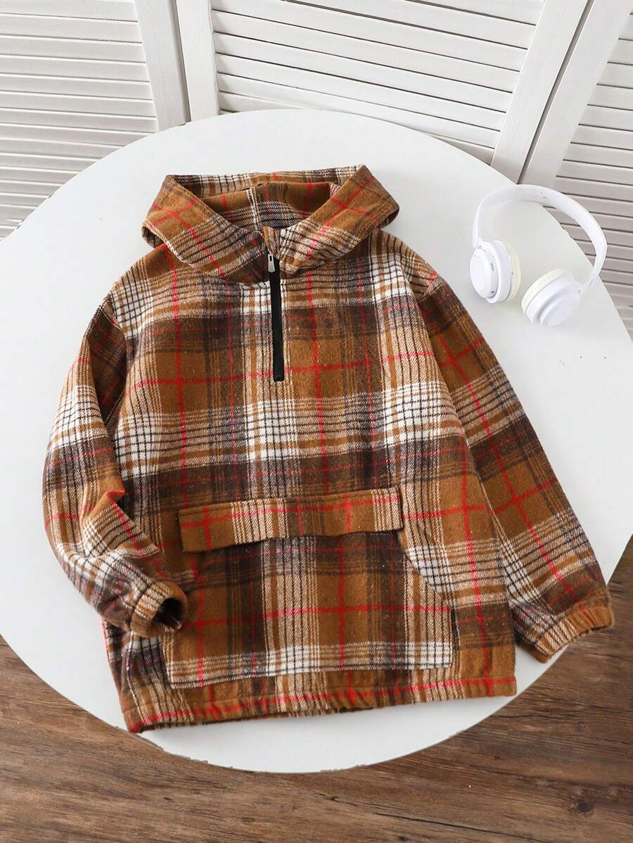 SHEIN Big Boy Casual Plaid Print Hooded Jacket