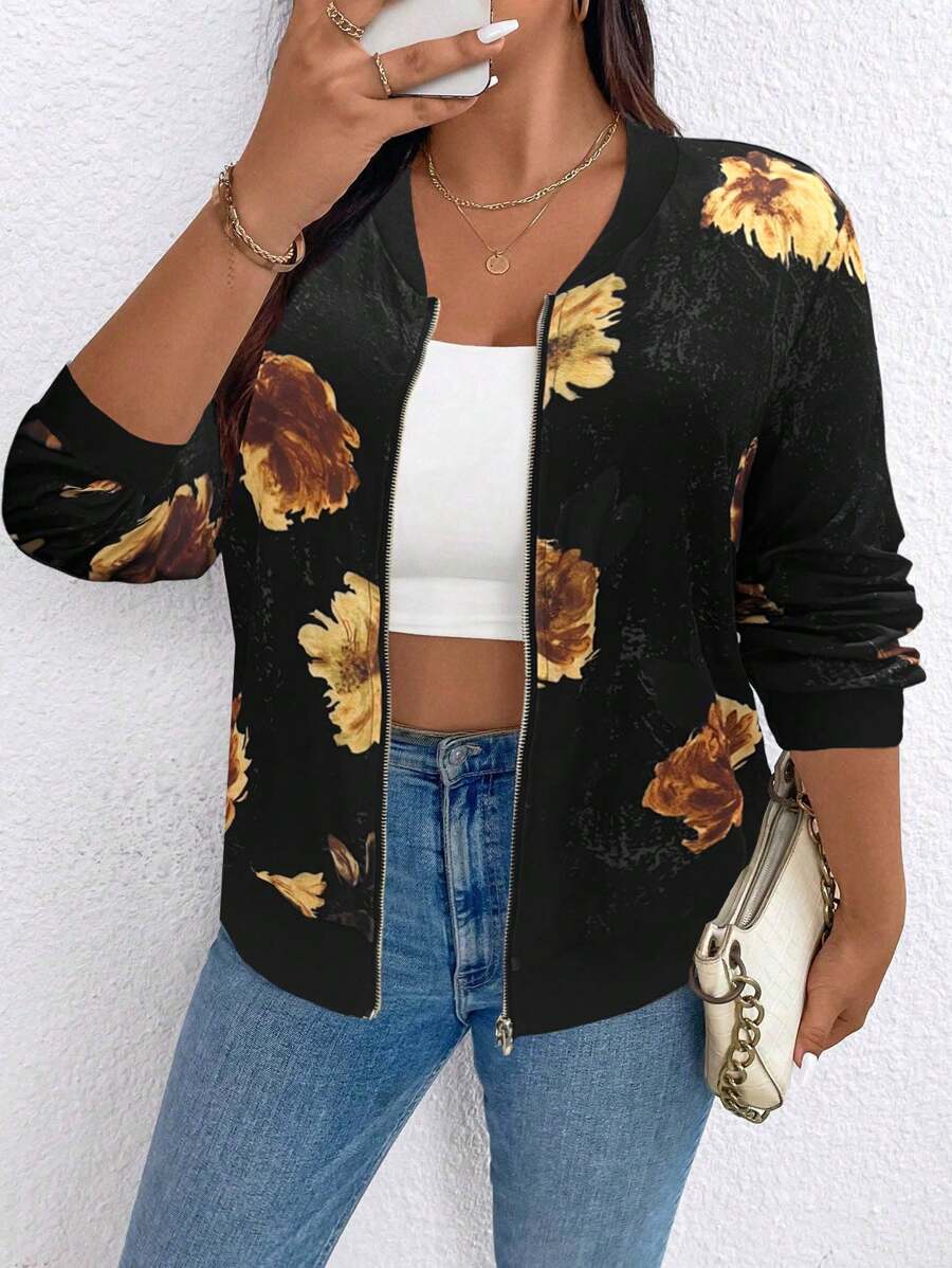 SHEIN LUNE Veste décontractée à fermeture éclair imprimée, pour grand taille, pour un port quotidien