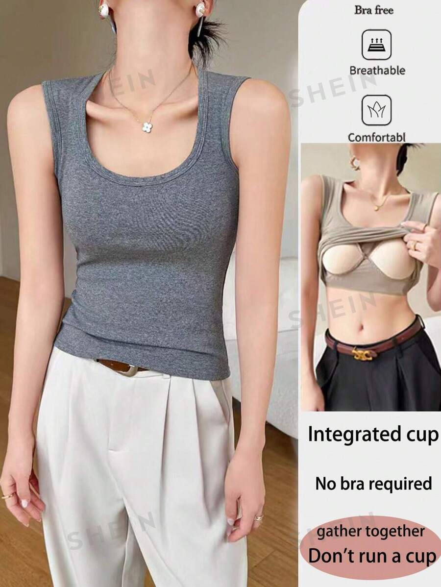 Chiquease Blusa sencilla y casual de unicolor, cuello redondo y sin mangas para mujer
