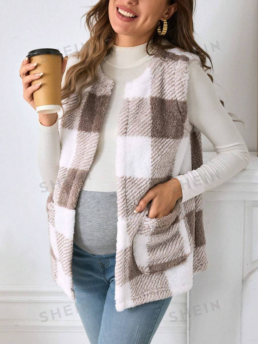 SHEIN Chaqueta sin mangas informal, abierta al frente, con diseño a cuadros y peluda para maternidad