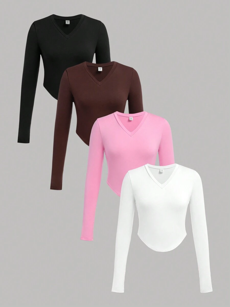 SHEIN 4 peças/conjunto adolescente menina decote em v bainha curva manga longa casual versátil camada de base camisetas de malha