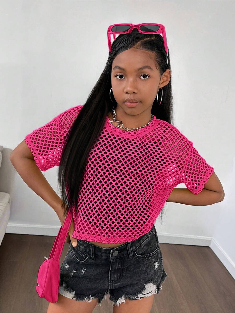 SHEIN Tween Girl Sports Street Trend Malha de malha respirável gola redonda manga curta Top