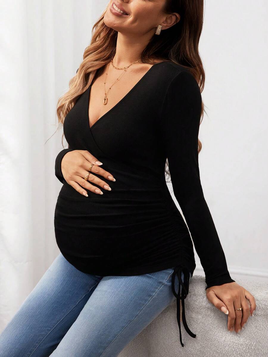 SHEIN Maternity Solid V-Neck Black Crop Tie Side Long Sleeve T-Shirt