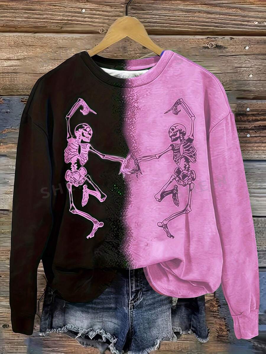 INAWLY Sudadera de cuello redondo de manga larga con estampado de calavera de bloques de color para mujer de talla grande