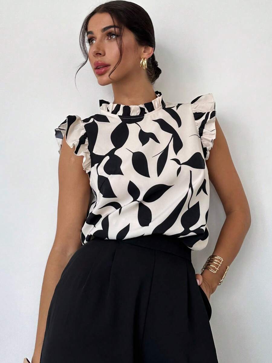 Firerie Blusa elegante de mujer con estampado floral y mangas de tapón para uso diario y vacacional, Top sin mangas para el verano