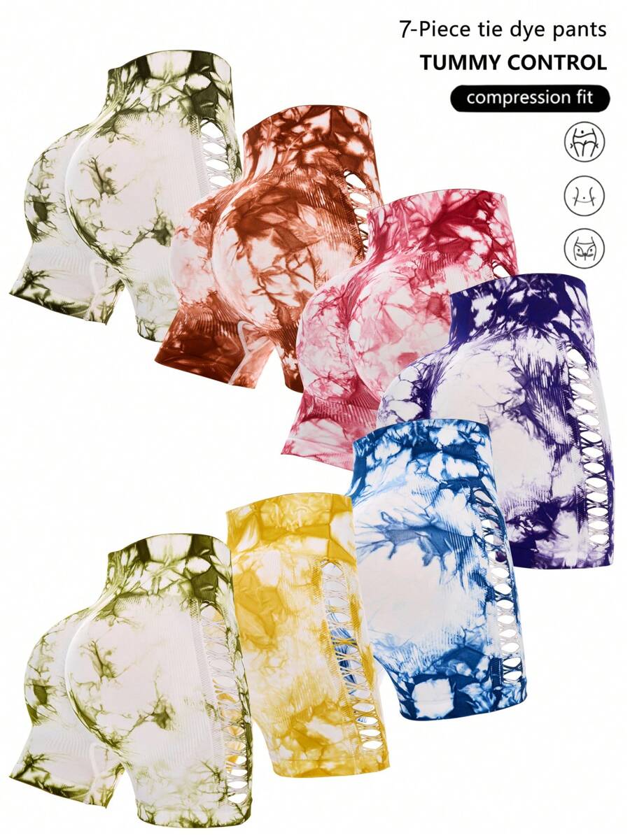 SHEIN Sport Studio Pantaloncini sportivi a vita alta con effetto tie-dye, in tessuto elasticizzato, aderenti e con design traforato