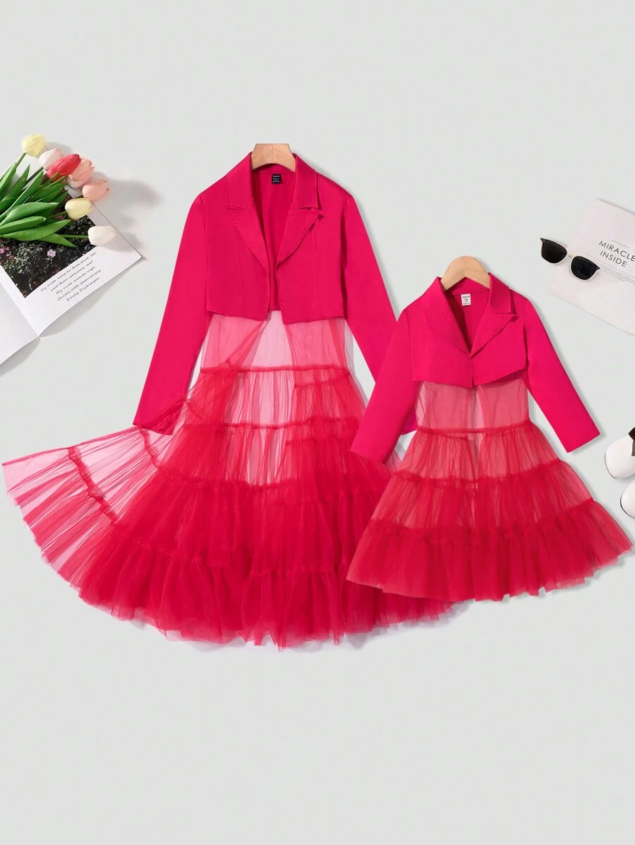 Chaqueta de manga larga con cuello rojo, dobladillo de malla, linda y juguetona, moda nueva para niñas jóvenes, conjunto a juego diario regular mamá e hija (2 piezas se venden por separado)