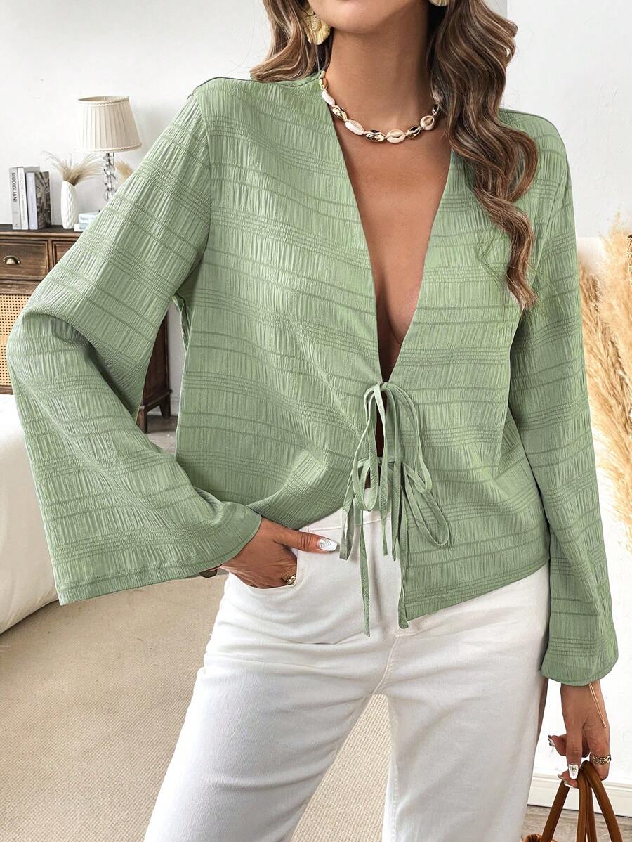 SHEIN VCAY Casual Solid Color Woven Loose Fit Long Sleeve Women Blouse