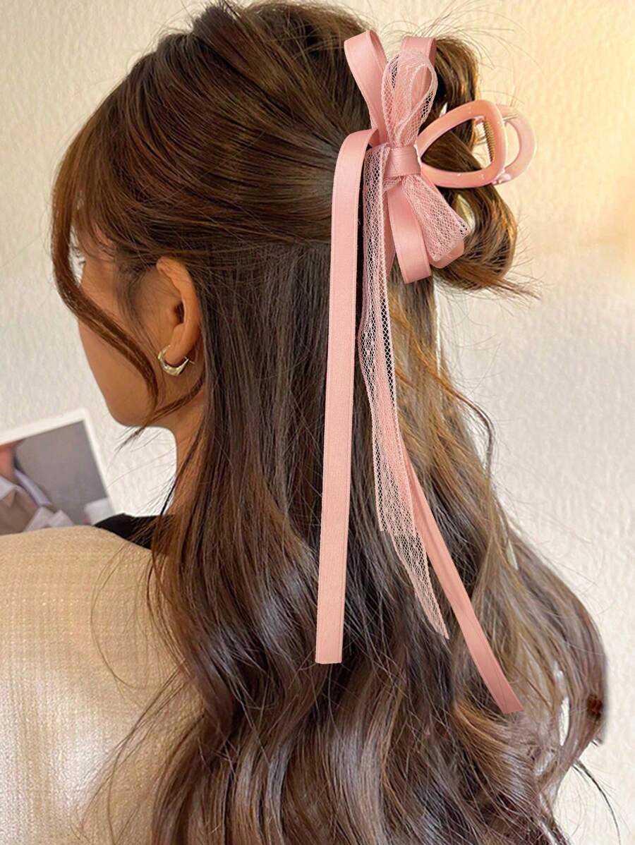 1pc Solid Color Double Layer Bow Ribbon Hair Clip For Women, Suitable For Daily Use Valentine's Day Valentines,Hair Accessories,Hair Claw,Claw Clips,Hair Clutch,Hair Jaw Clip