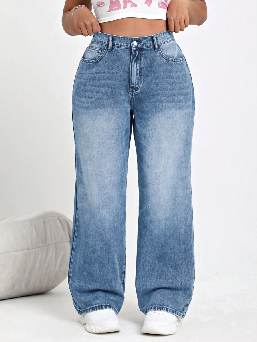 SHEIN EZwear Plus Size Casual Distressed Straight Leg Jeans
