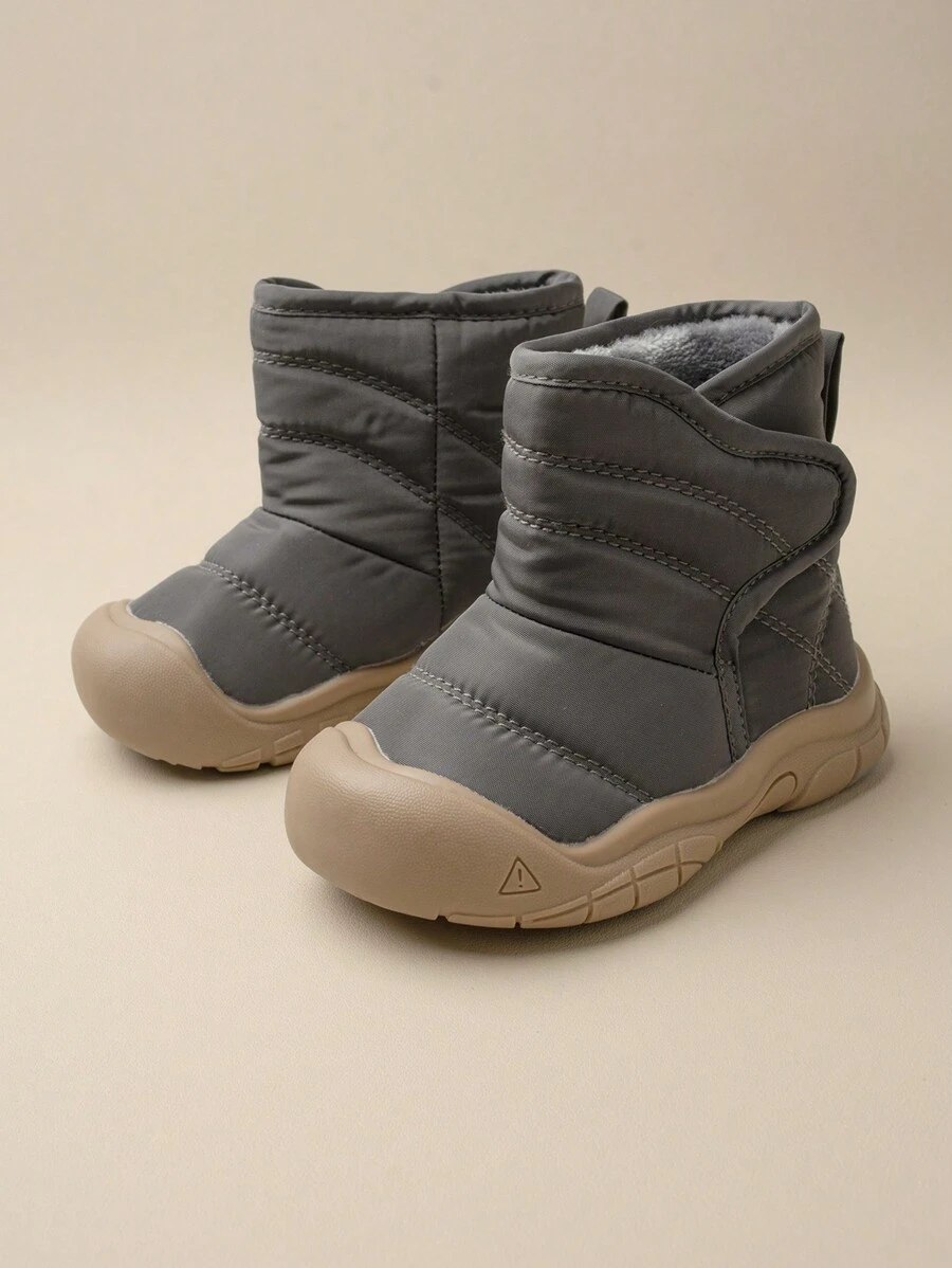 1 Pair Boys' Grey Hook And Loop Flat Casual Comfortable Warm Lined Snow Boots, Suitable For Winter