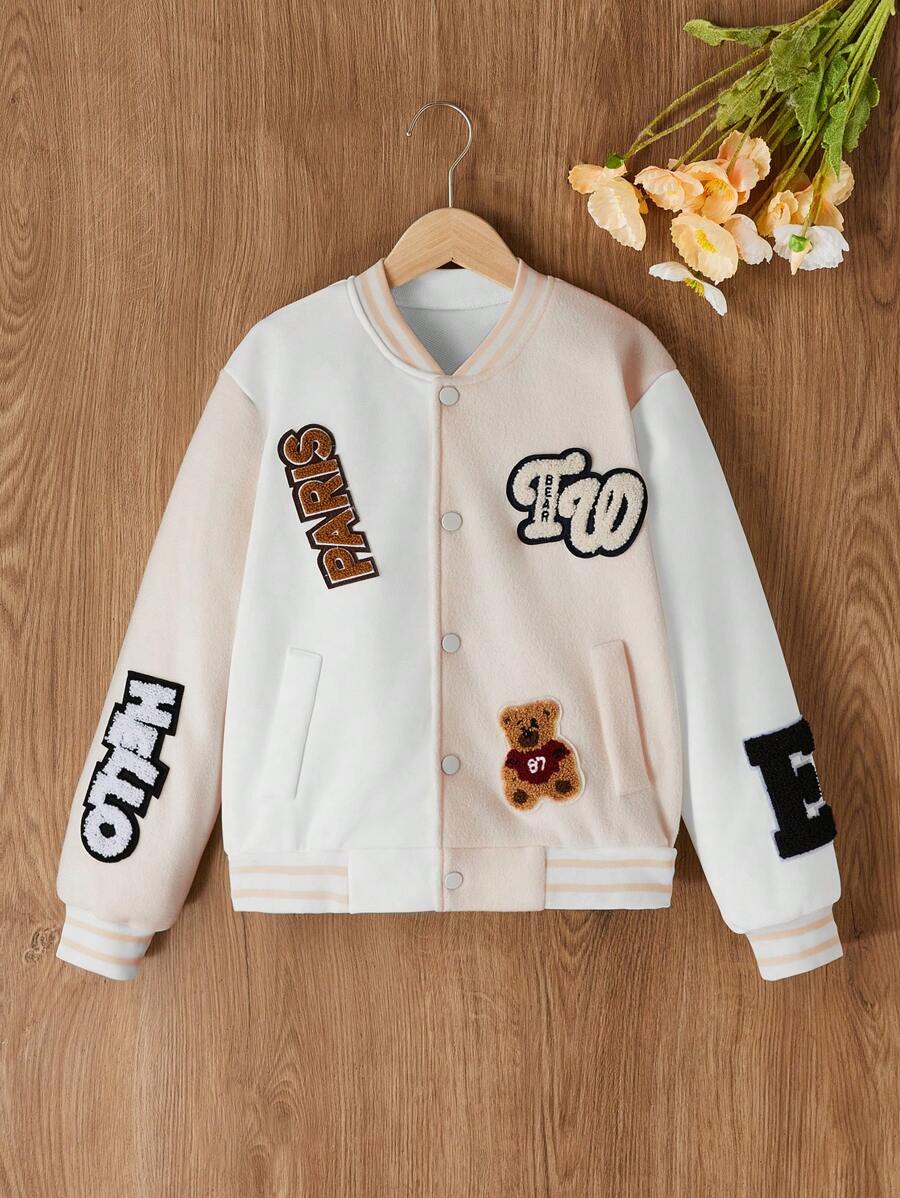 Uniforme de béisbol para niñas preadolescentes con múltiples parches de letras, chaqueta informal caqui y blanca