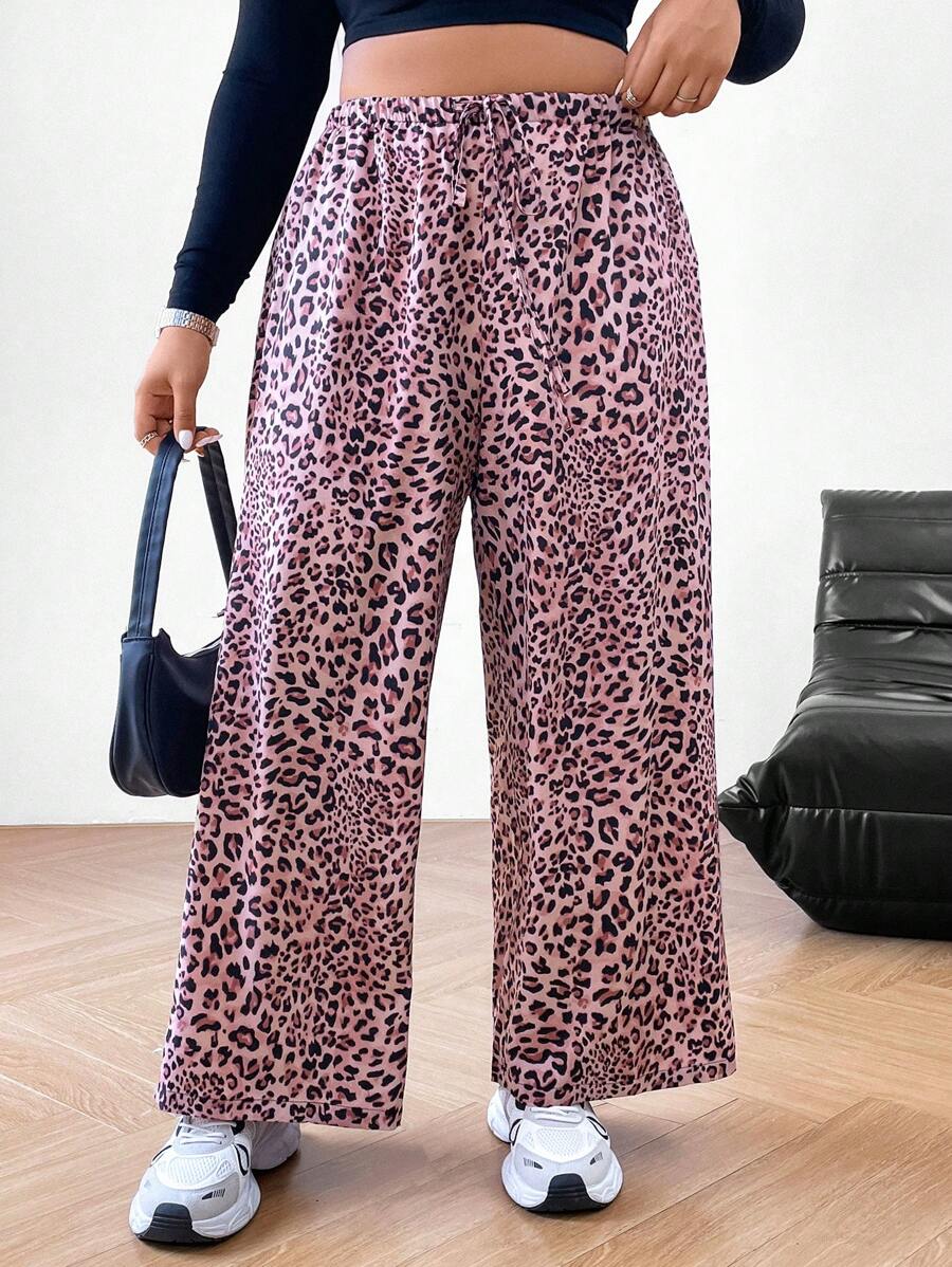 SHEIN EZwear Pantalon ample à jambes larges avec poches, en tissu tissé à motif léopard, taille haute, mode polyvalente pour les femmes grandes tailles pour un port casual et quotidien en été