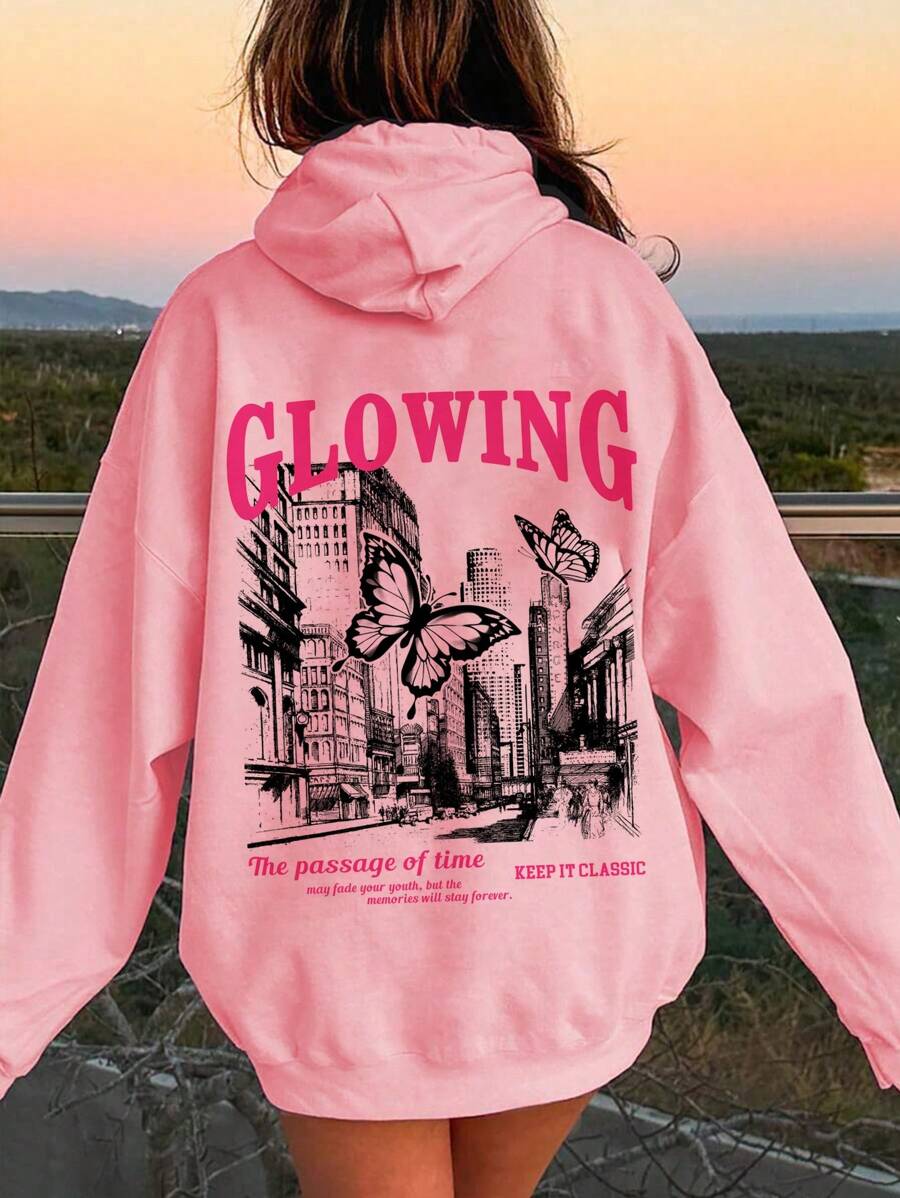SHEIN Süßer Hoodie für Tween-Mädchen mit locker sitzendem Schnitt, Schmetterlings Muster und leuchtend im Dunklen Muster, geeignet für Herbst/Winter