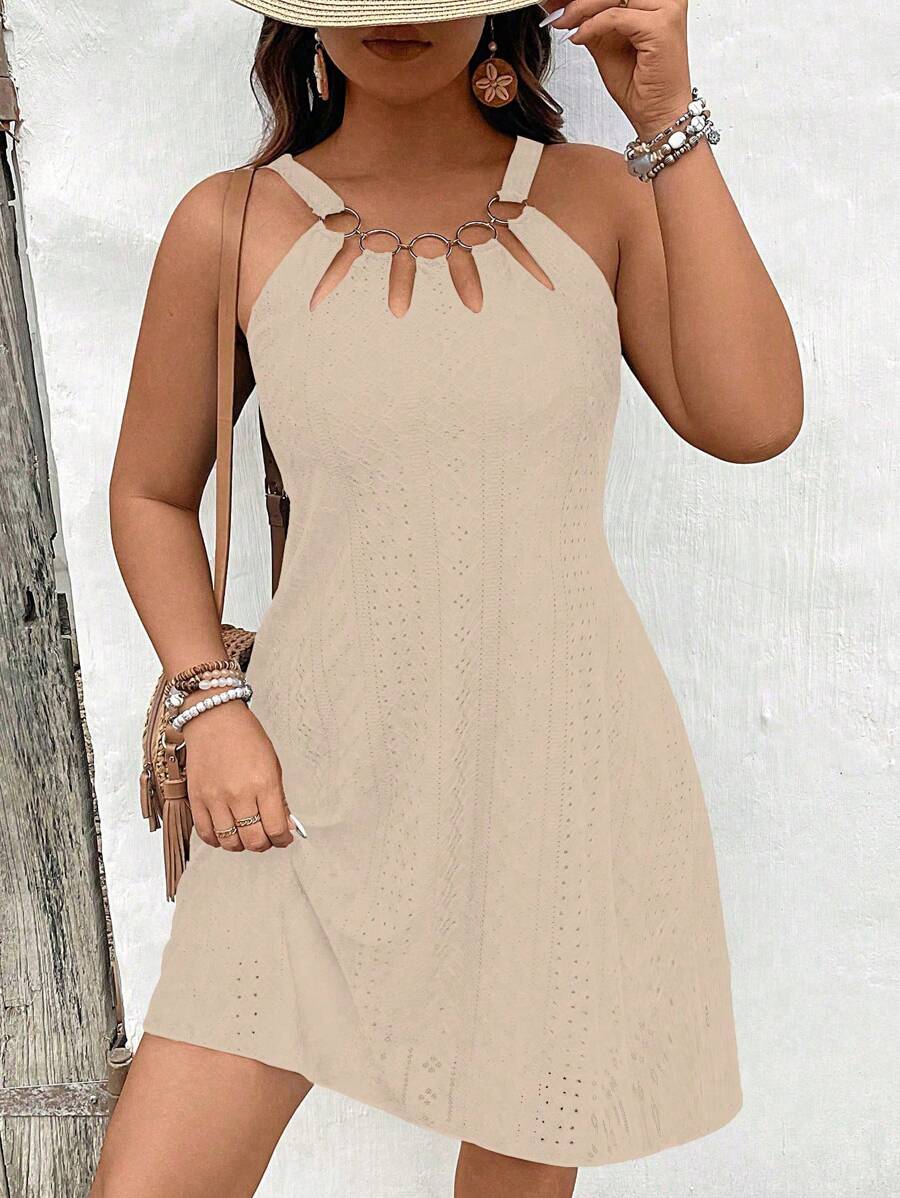 Calvaya Plus Size Open Shoulder Casual Plain Summer Dress