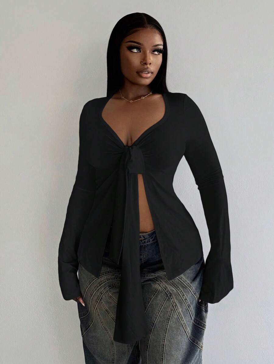 Slaydiva Women's Solid Color Casual Daily Wear Long Sleeve T-Shirt