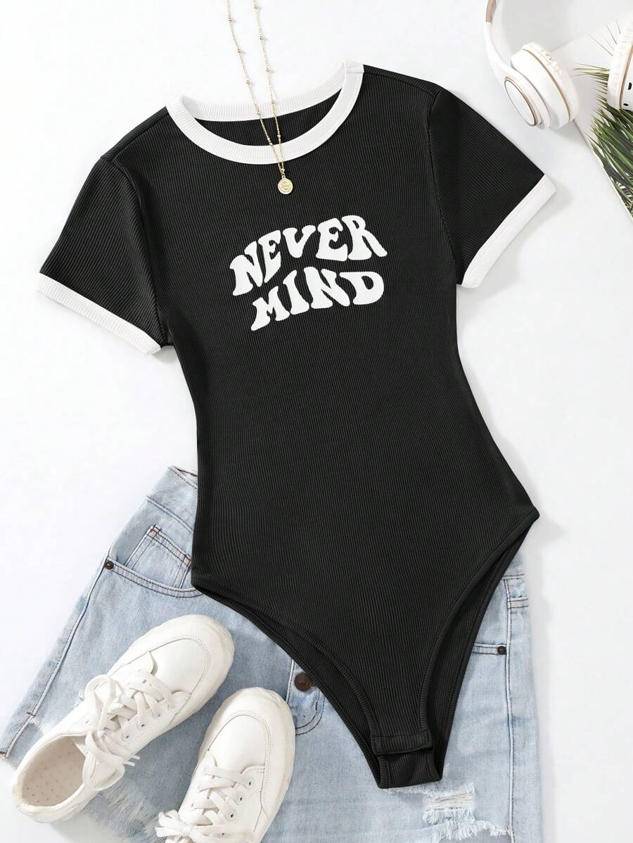 Flirla Women's Summer Slogan Printed Round Neck Short Sleeve Casual T-Shirt Bodysuit