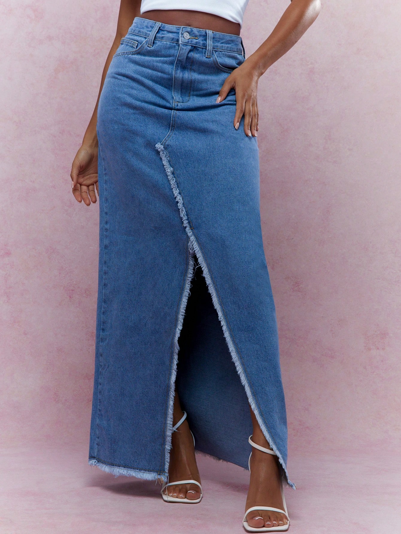MISSGUIDED Raw Hem Slit Front Long Maxi Denim Skirt｜MISSGUIDED