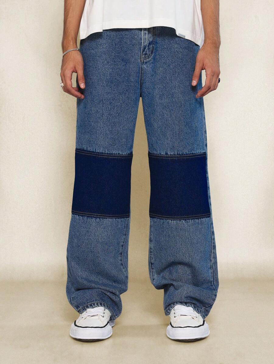 SUMWON Contrast Washed Double Knee Denim Jean