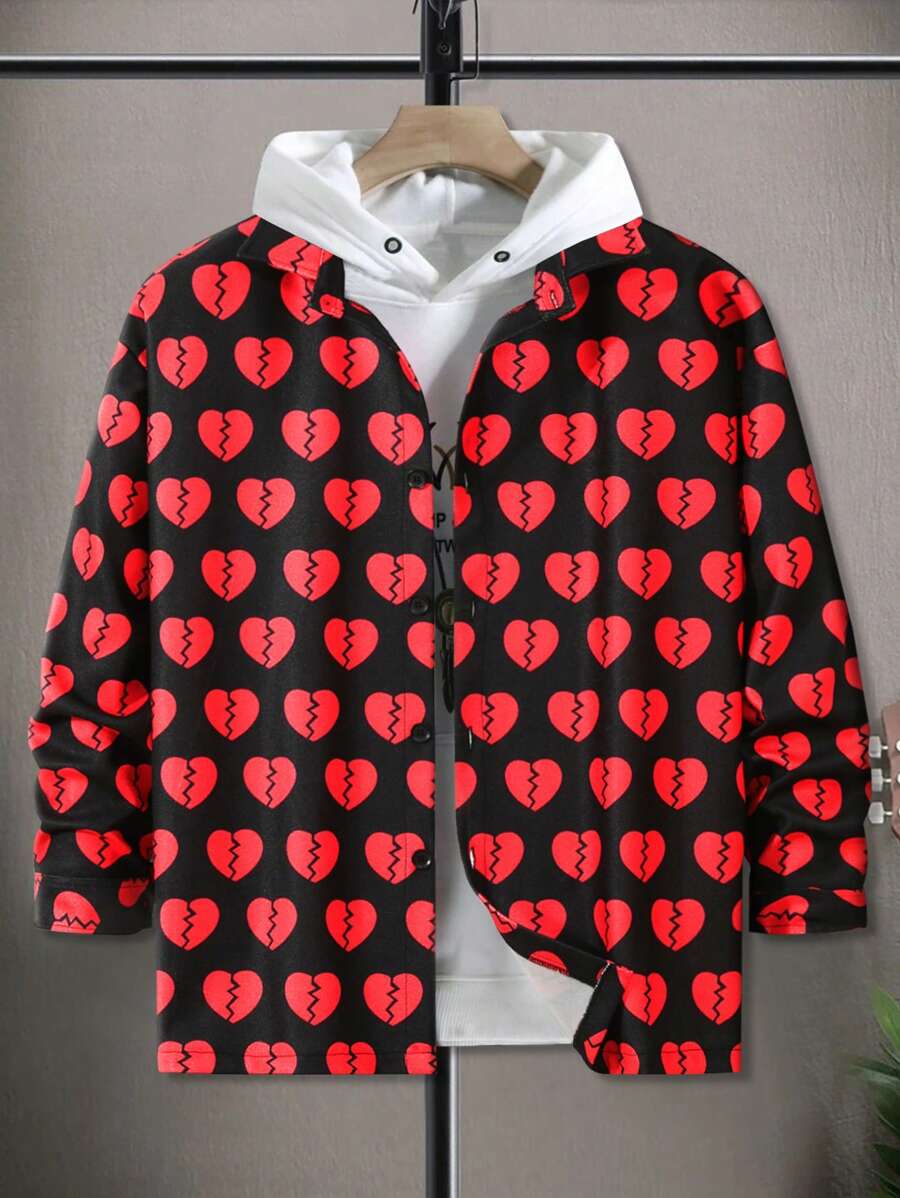 Manfinity LEGND Chaqueta casual holgada con estampado de corazón para hombre, primavera y otoño