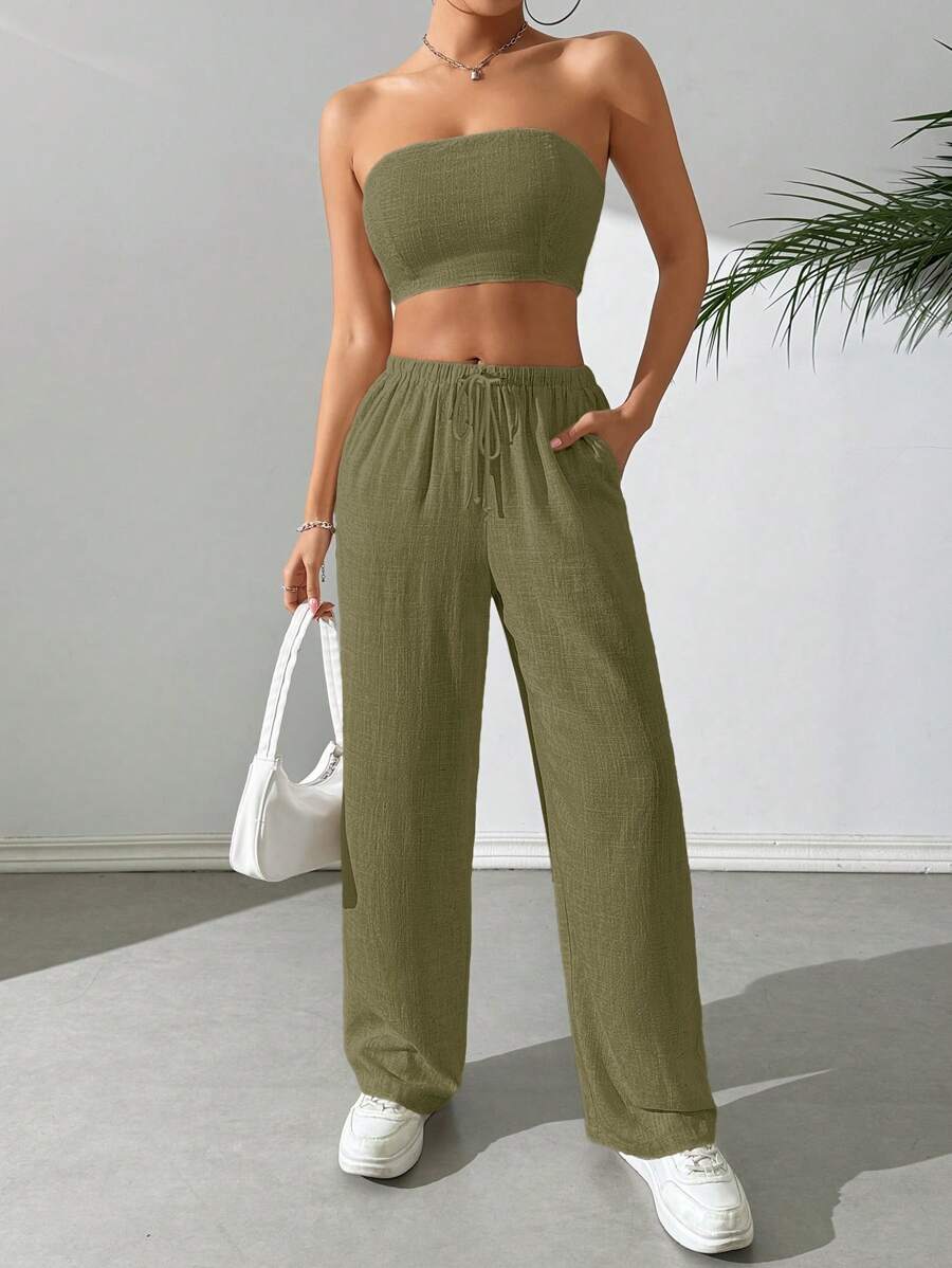 SHEIN EZwear Women's Summer Casual Solid Color Cropped Tube Top Trousers Suit