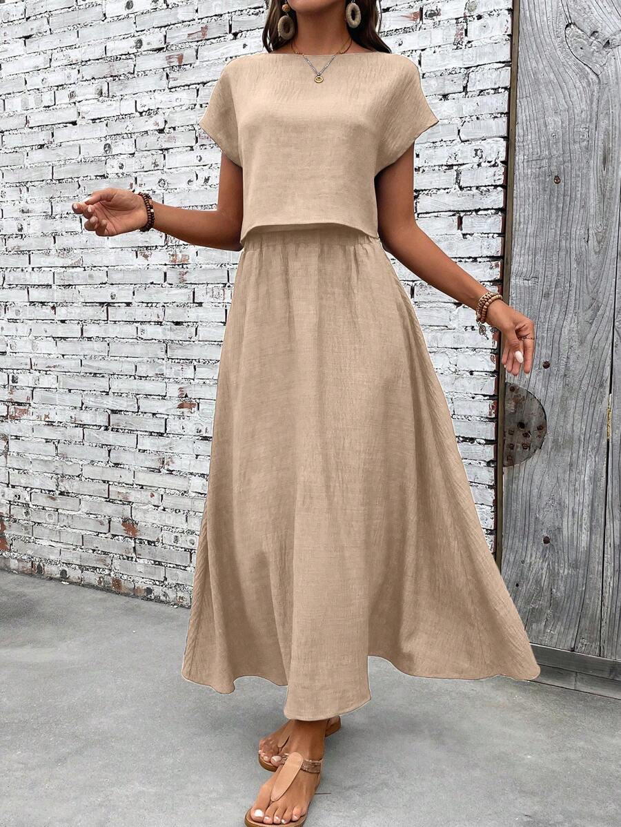 SHEIN LUNE 2-delige dames effen kleur vleermuismouwen, eenvoudige top en minirok, casual set