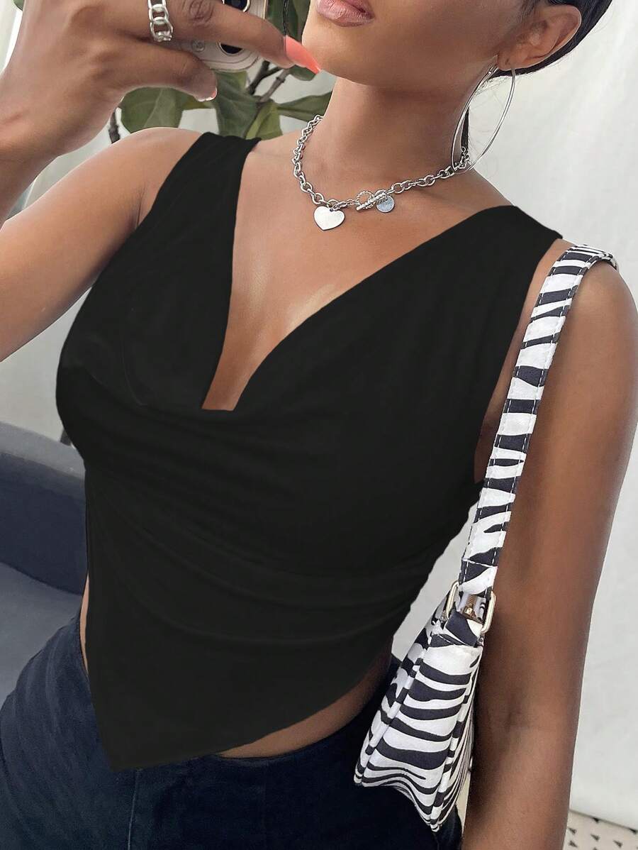 Calvaya Top de tirantes informal de mujer con cuello de pañuelo, bajo asimétrico y unicolor de verano