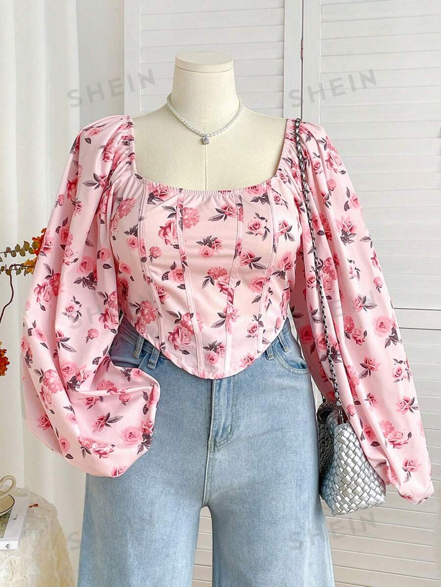 Soleia Blusa romántica con estilo de princesa, manga de farol, dobladillo asimétrico y estampado floral de pequeñas flores en color rosa para mujer de talla grande. Ropa de mujer para otoño, regreso a clases, conciertos, atuendos de despedida de soltera, agradecimiento
