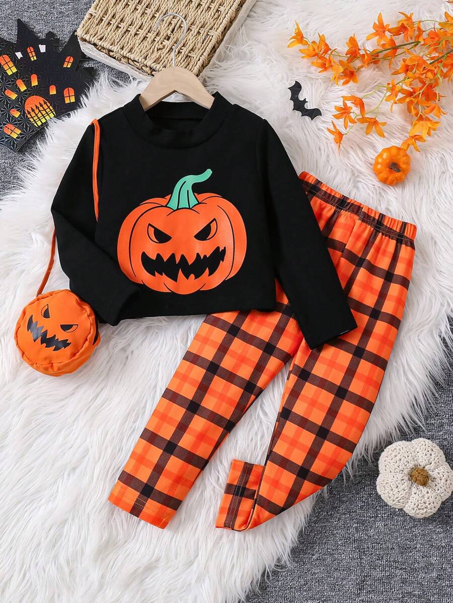 SHEIN Conjunto de 3 peças de bolsa crossbody de abóbora redonda para meninas, com estampa de abóbora de Halloween, gola simulada, manga comprida, leggings xadrez laranja, conjunto de 3 peças, adequado para outono, festa de Halloween, casual, passeios diários, festa, reunião de família, escola, presente de aniversário, piquenique, roupas de irmã combinando