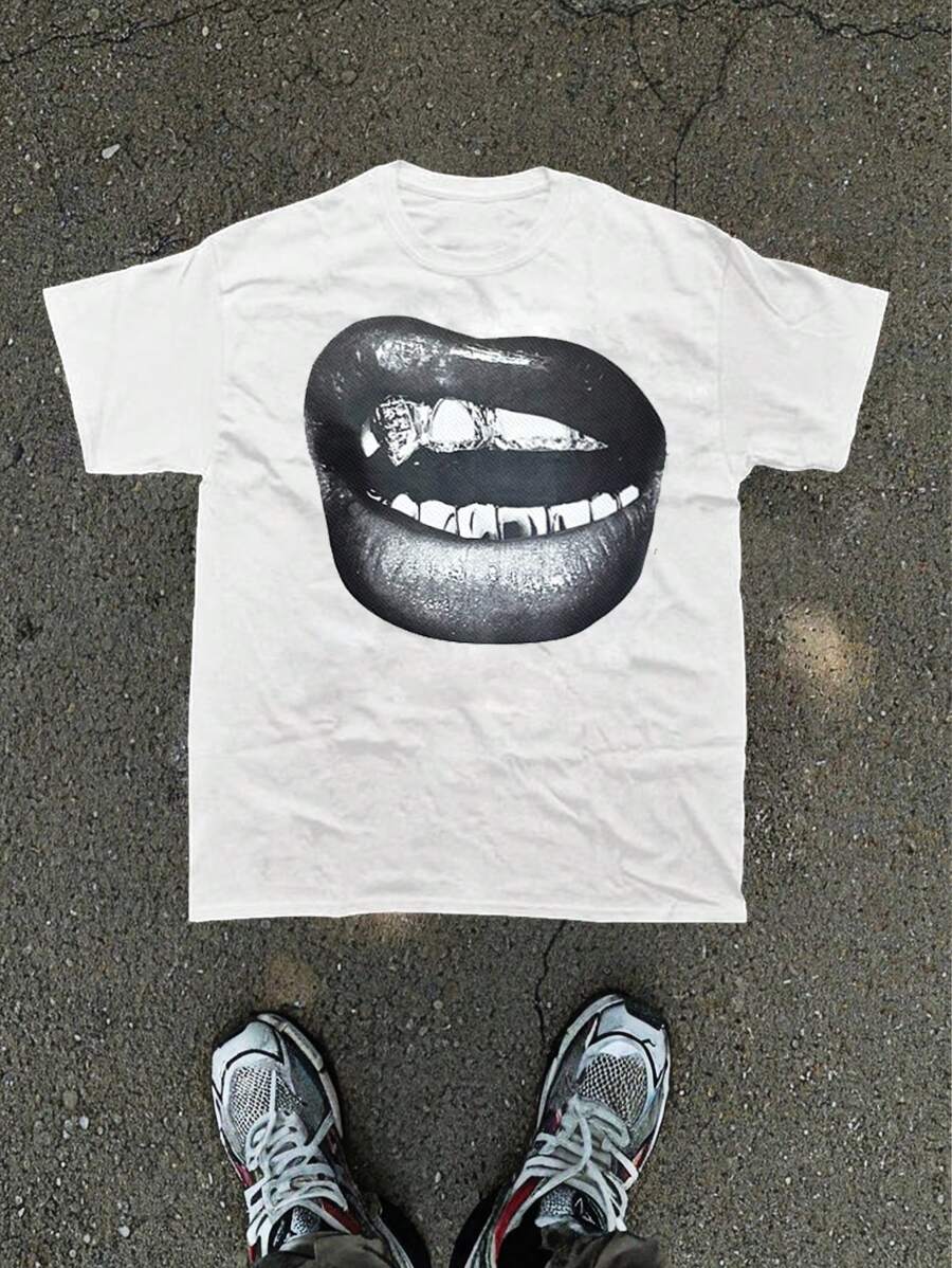 Manfinity VCAY 1 pieza Camiseta de punto blanca de estilo vintage creativa con estampado de pintura al óleo de labios de ángel Madonna para hombre, de corte oversized y estilo casual de la calle, para el verano