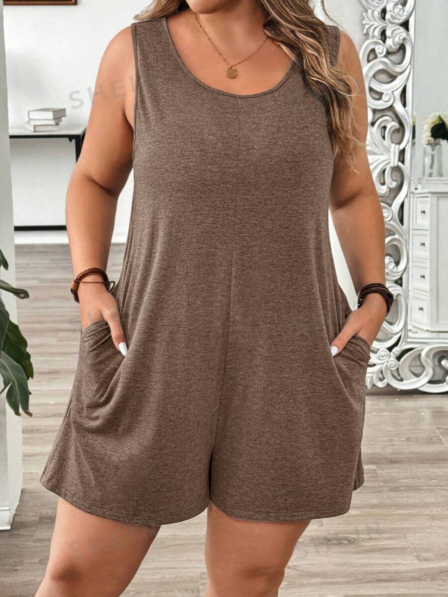 SHEIN LUNE Mono informal de talla grande para mujer con cuello redondo, bolsillos dobles y unicolor de verano