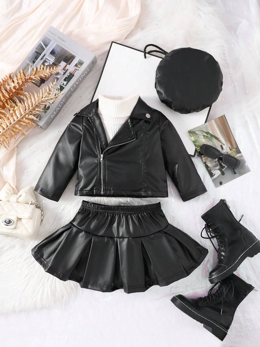 Conjunto de 2 piezas de chaqueta con cremallera y falda de unicolor para bebés niñas
