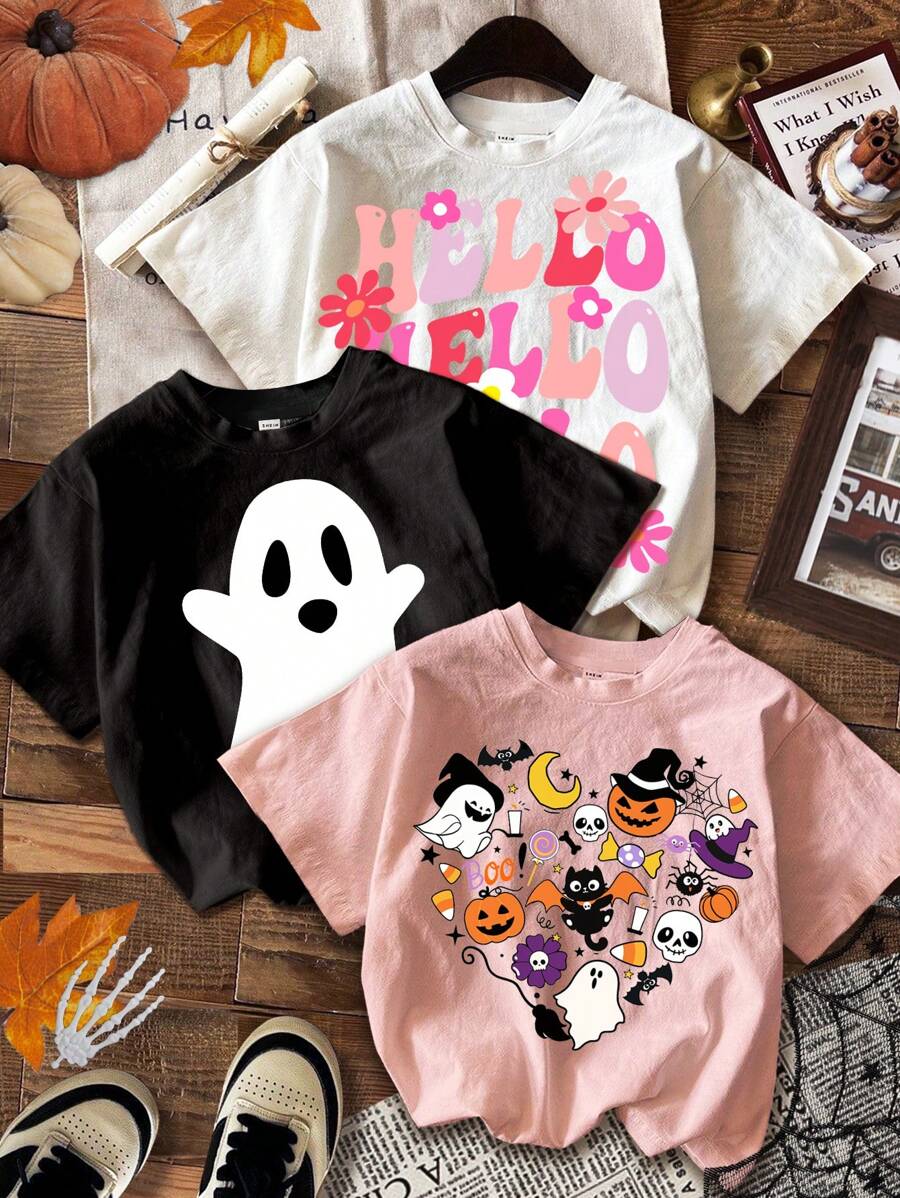 SHEIN 3pcs Cute Halloween Costume - Young Girls Casual Cartoon Pumpkin, Ghost, & Text Print Short Sleeve T-Shirts, Summer